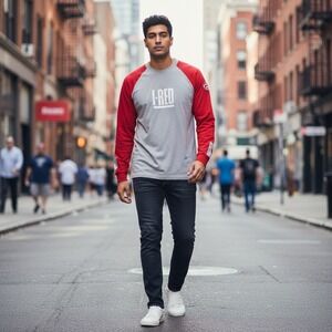 VTG INDIGO RED Mens Gray Red Raglan Sweatshirt Pullover Logo Size L Y2K NWT